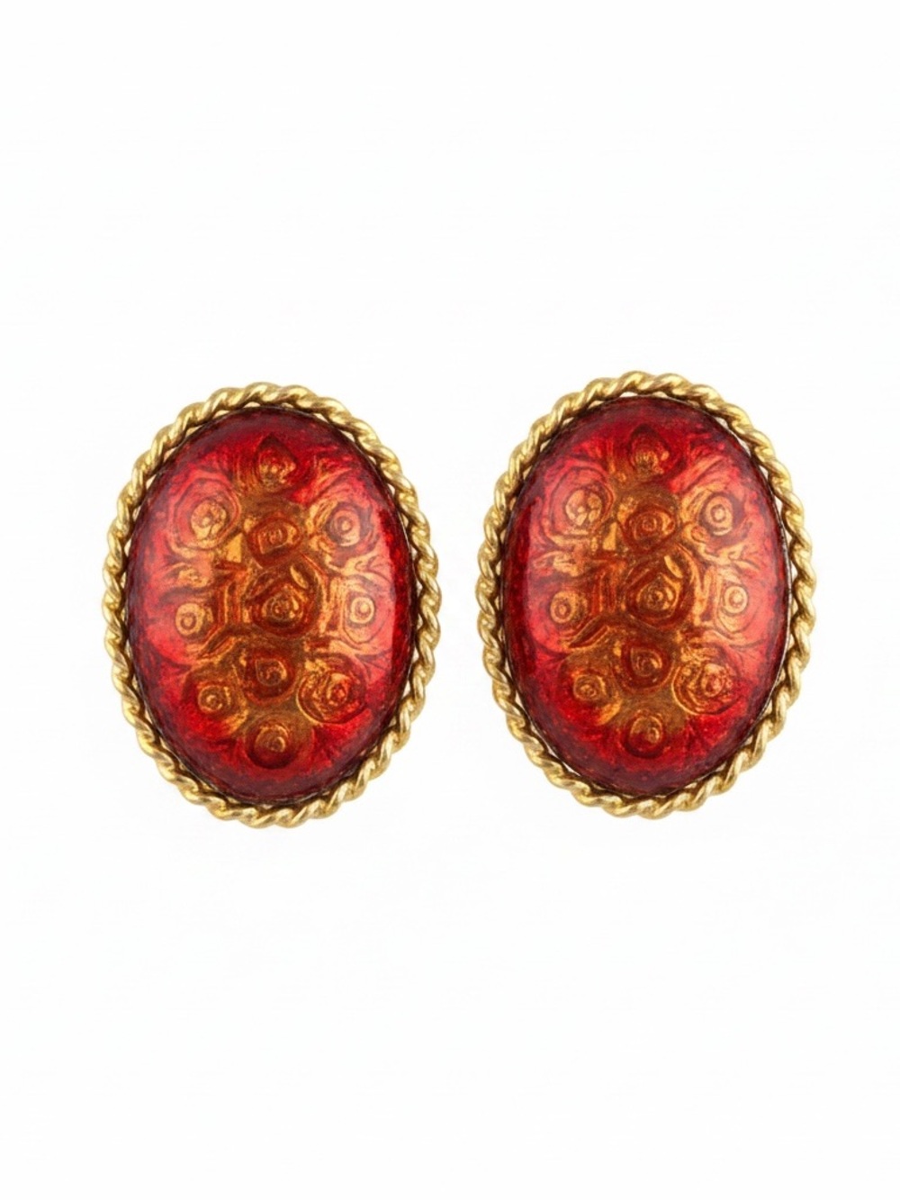 Vintage Gold-Tone Red Oval Floral Cabochon Clip-on Earrings